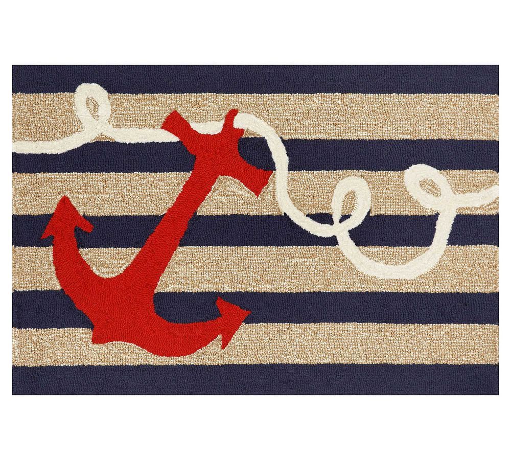 Nautical Anchor Striped 30"x48" Indoor/Outdoor Hand-Tufted Rug