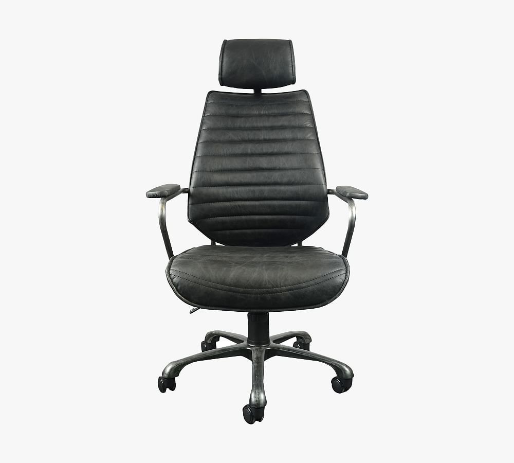Transitional Onyx Black Leather Swivel Desk Chair with Metal Base