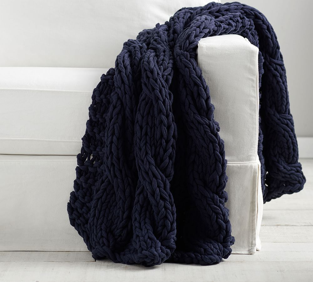 Navy Chunky Handknit Acrylic Throw Blanket