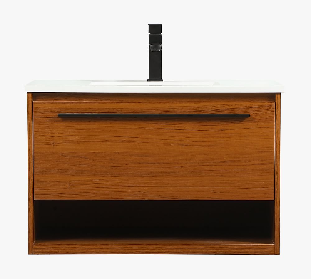 Teak 30" Single Sink Floating Vanity with White Quartz Top