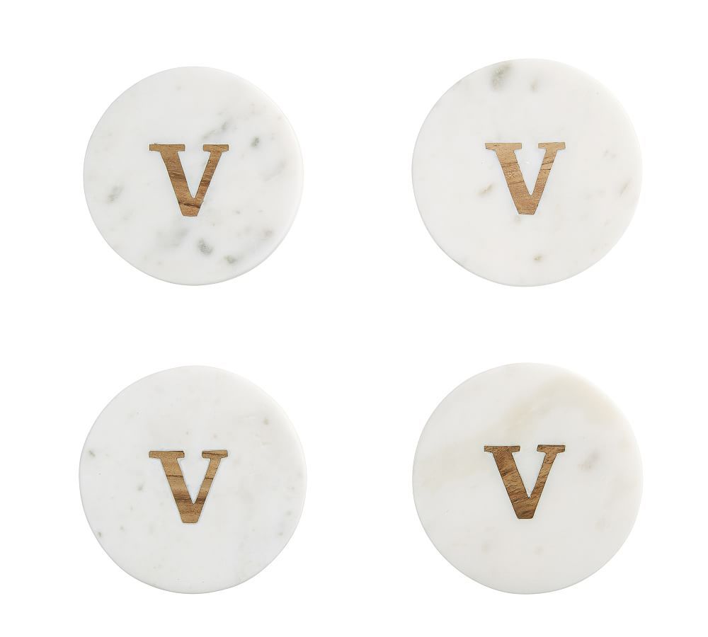 White Marble and Acacia Wood Alphabet Coasters Set of 4