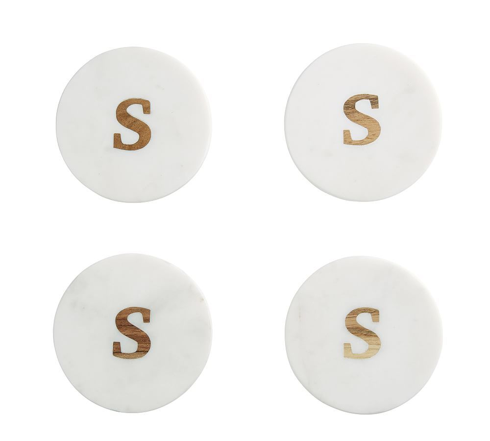White Marble and Acacia Wood Alphabet Coasters Set of 4