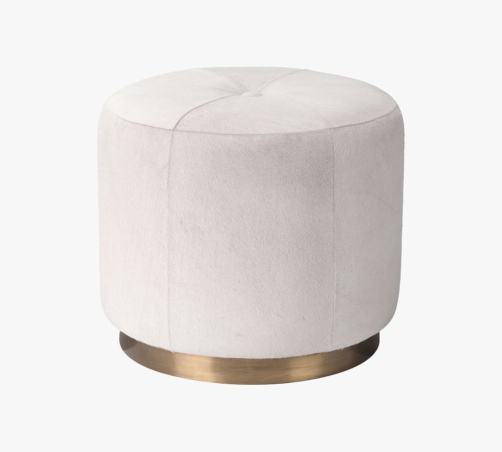 Sanford Round White Hair-on-Hide Pouf with Brass Base