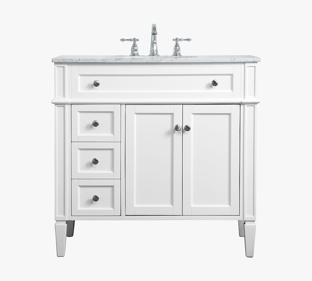 White Carrara Marble Top Single Sink Vanity with Storage Drawers