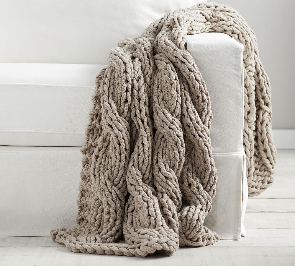 Putty Handknit Chunky Acrylic Cable Throw Blanket
