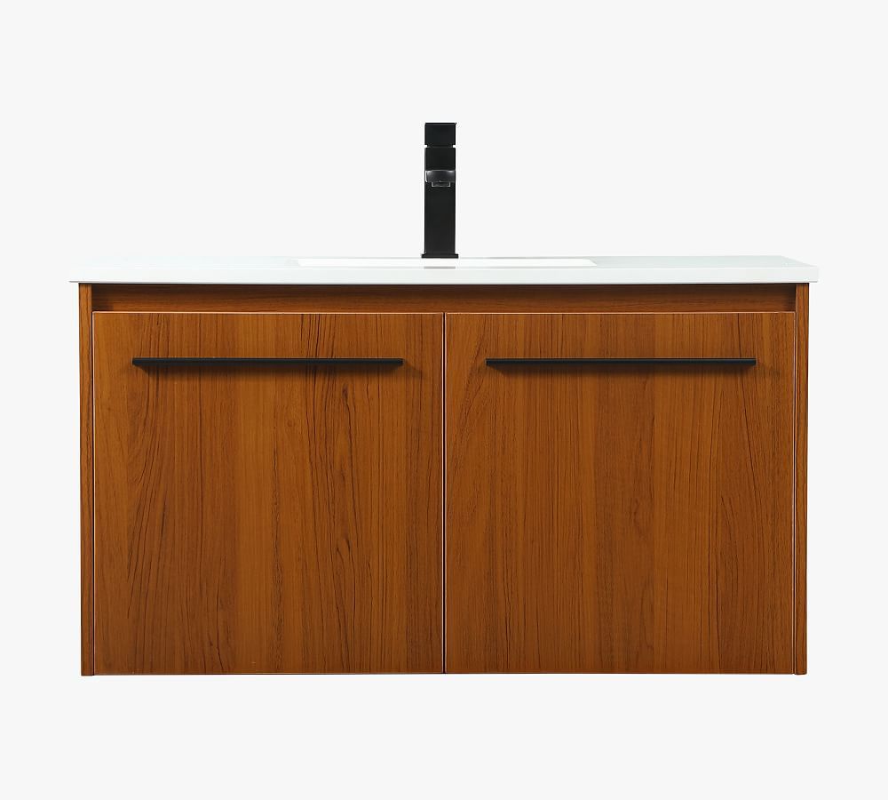 Teak 36" Single Sink Floating Vanity with Black Metal Pulls