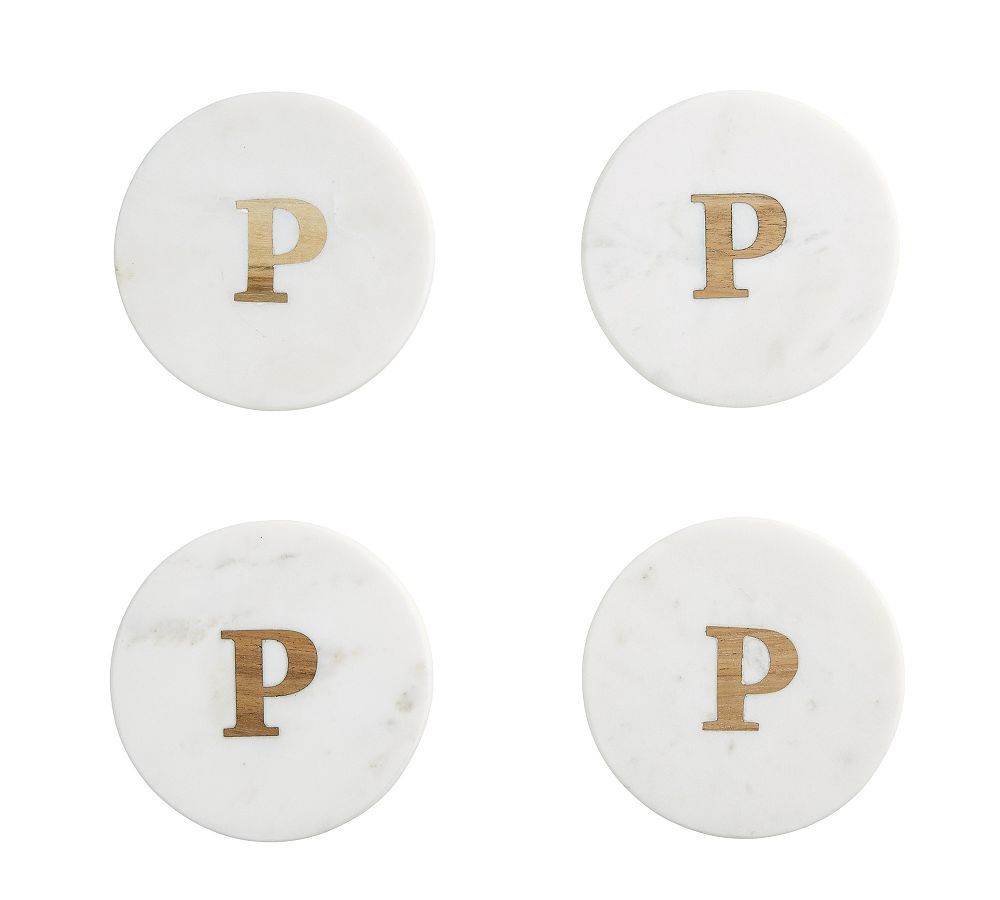 White Marble and Acacia Wood Patterned Alphabet Coasters Set