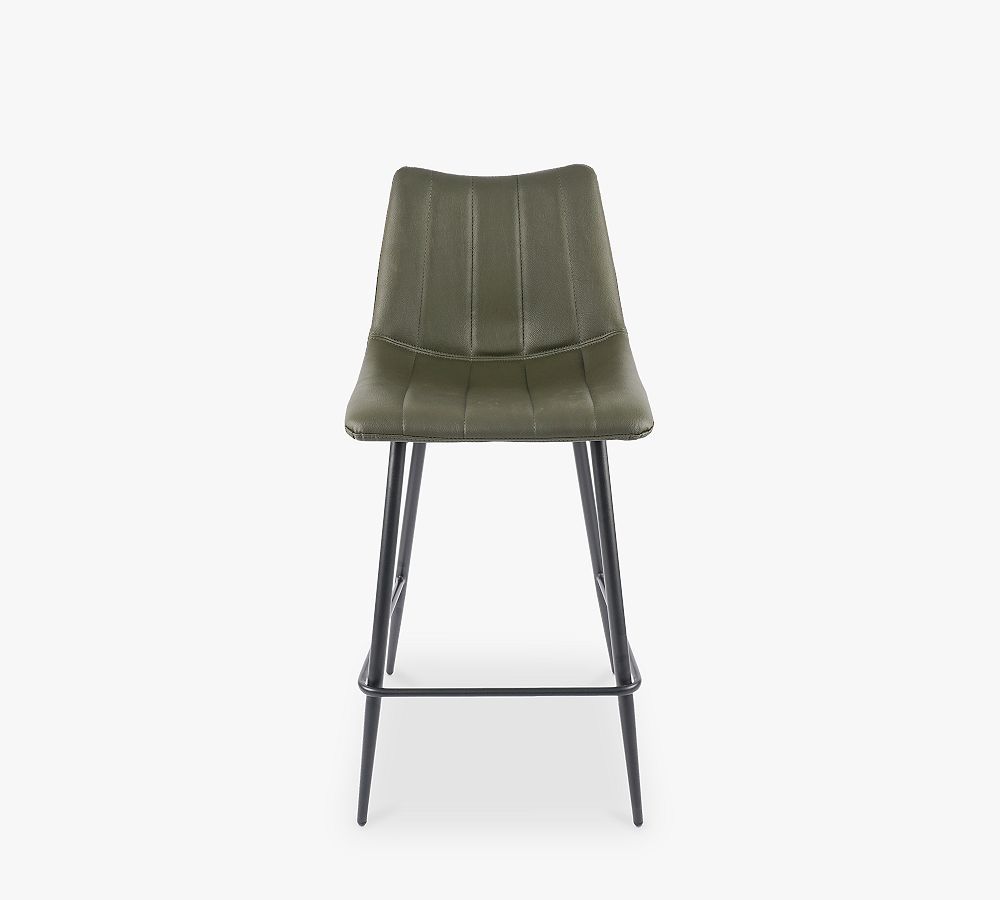 Dark Green Vegan Leather and Metal Counter Stool Set