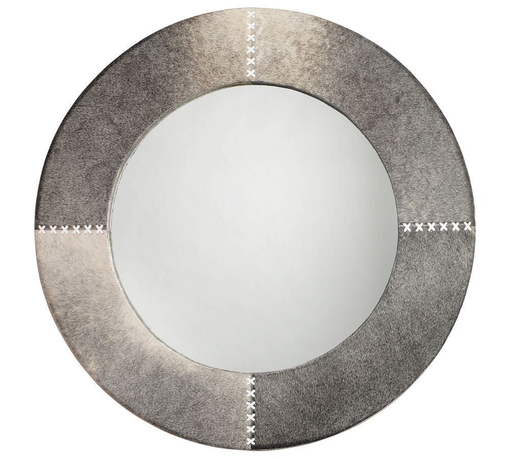 Aaden 25.5" Gray Hide and White Leather Round Wall Mirror