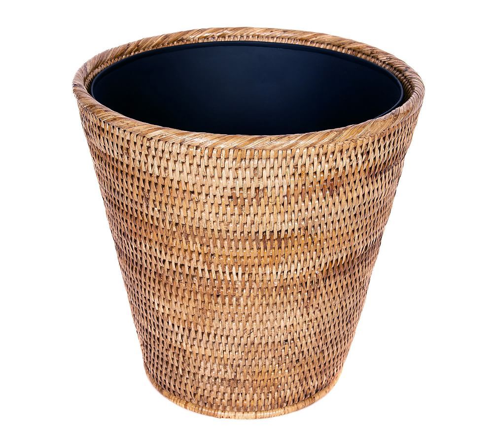 Honey Brown Handwoven Rattan Round Waste Basket with Metal Liner