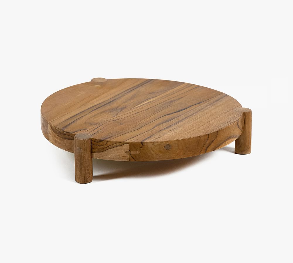 14'' Circular Solid Teak Serving Tray with Natural Grain