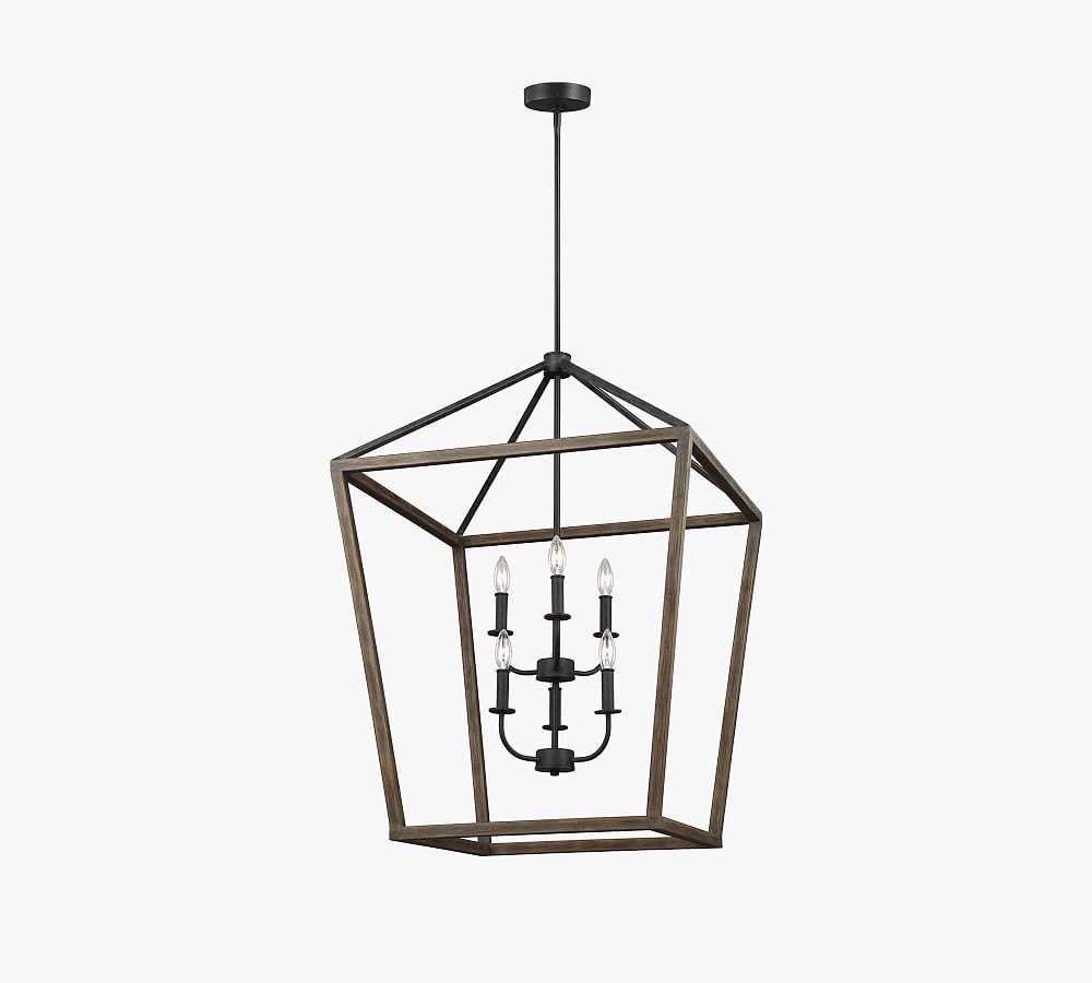 Weathered Oak and Antique Forged Iron Brass Cage 6-Light Chandelier