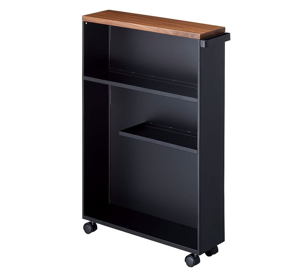 Black Adjustable Slim Rolling Bathroom Cart with Wood Top