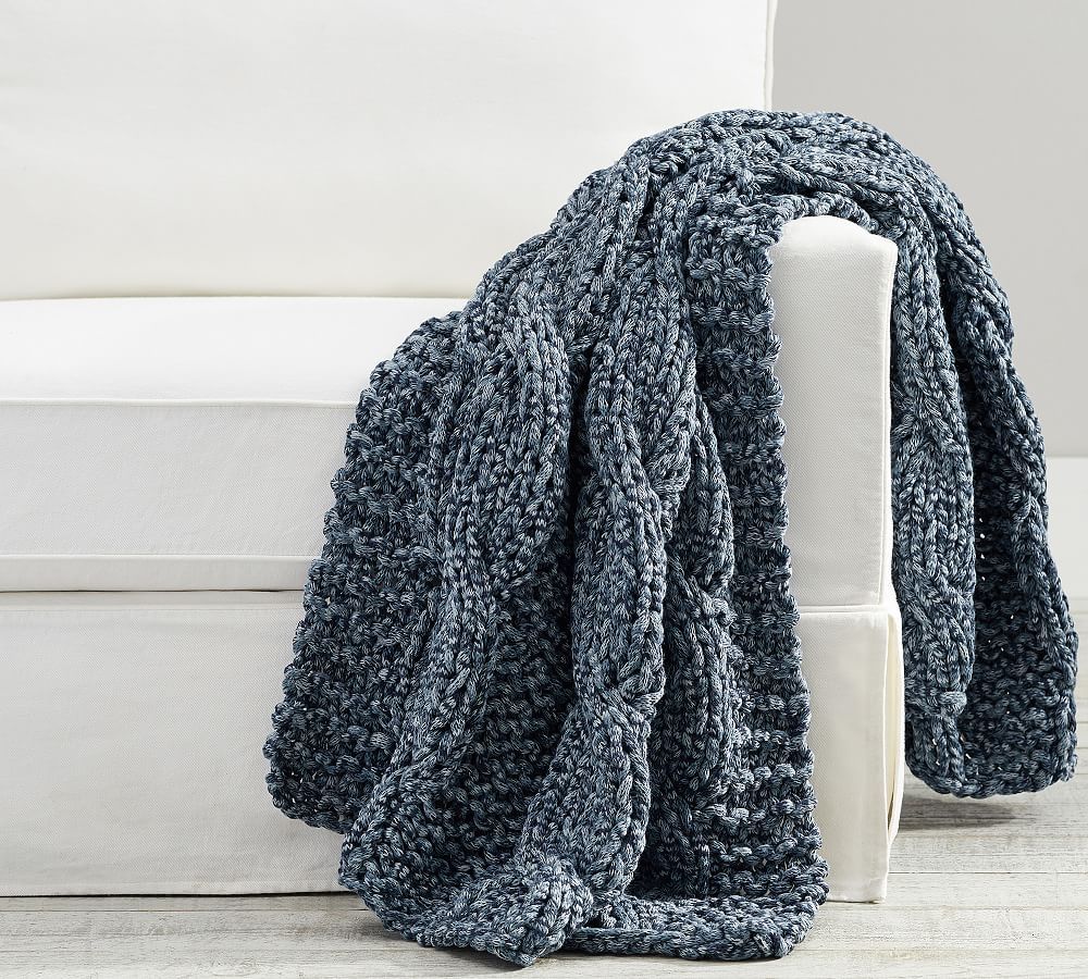 Heathered Indigo Handknit Chunky Yarn Throw Blanket