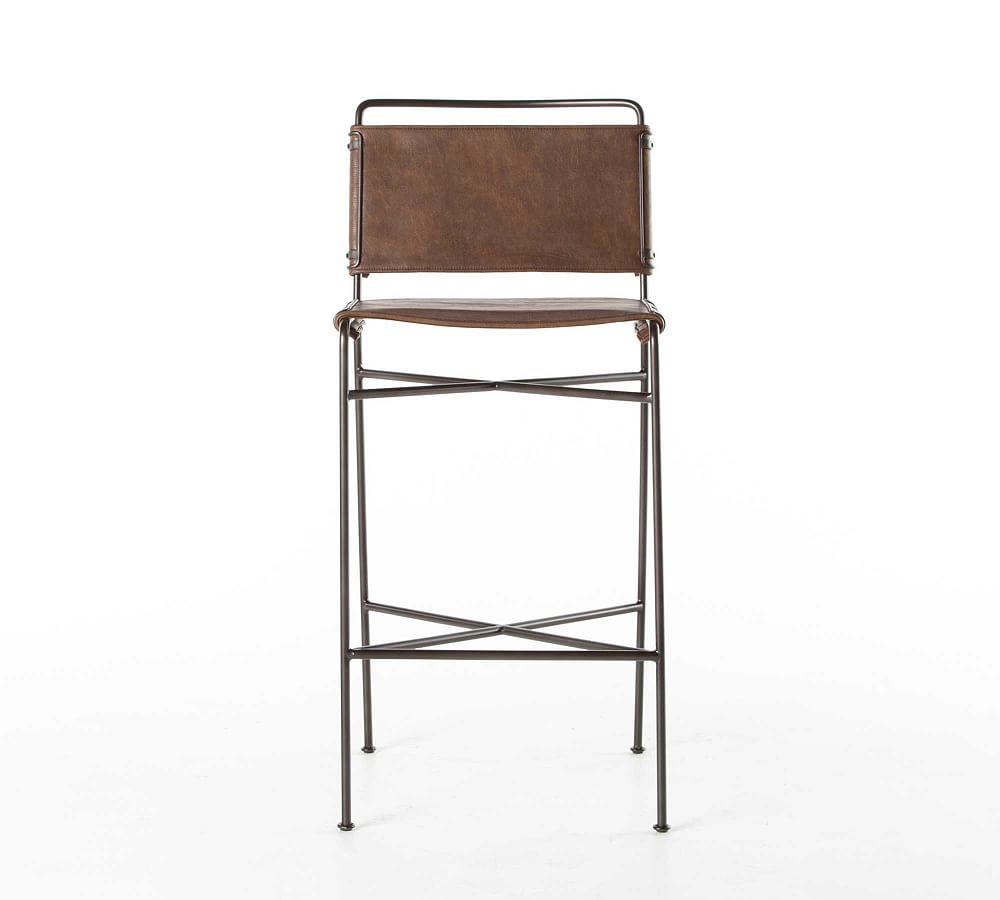 Distressed Brown Contemporary Leather Bar Stool with Metal Frame