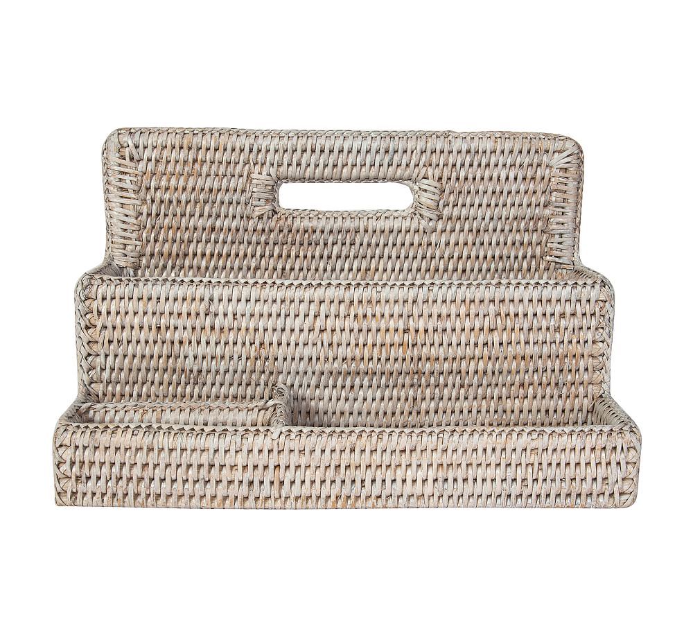Handwoven White Wash Rattan Stationery Sorter with Handle