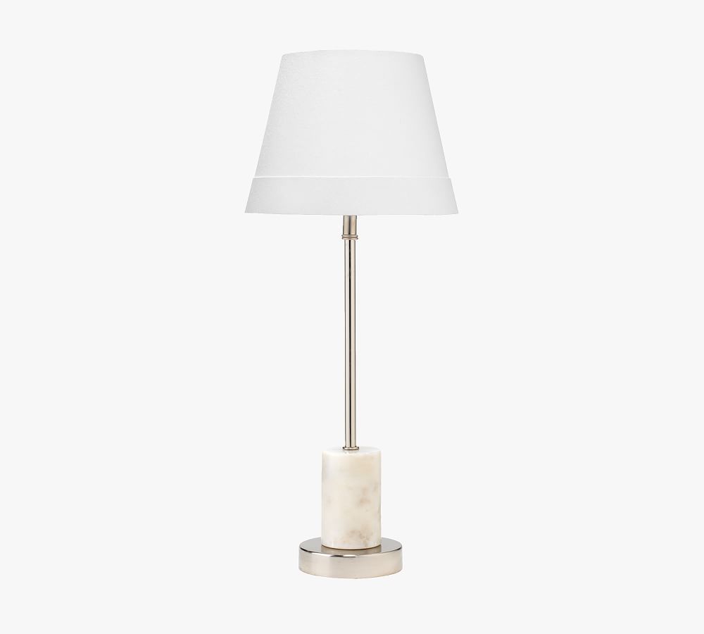 White Marble and Nickel Table Lamp with Cotton Shade