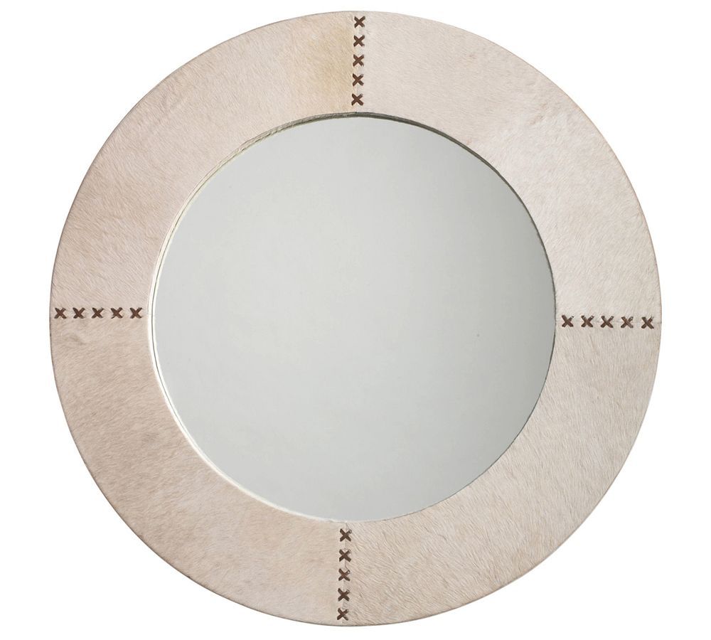 Whip-Stitched White Hide & Chocolate Leather Round Vanity Mirror