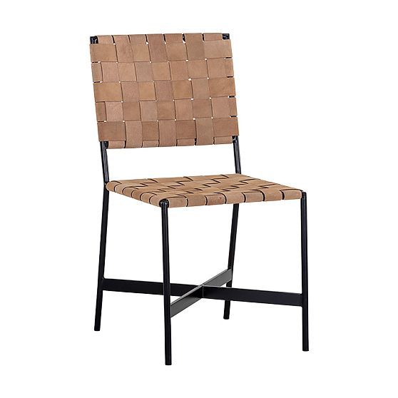 Elevated Black Iron Frame Dining Chair with Light Tan Woven Leather Seat