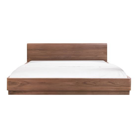 Round Off Natural Walnut King Bed with Wood Headboard and Slats