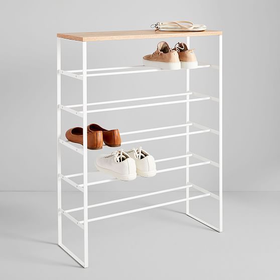 Tiered Minimalist White Steel Shoe Rack with Wood Top