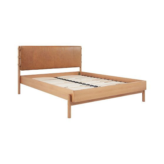 Camel Top-Grain Leather Queen Bed with Rounded Oak Legs