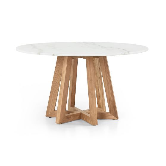 Creston 55'' Round White Marble Top Dining Table with Honey Oak Base