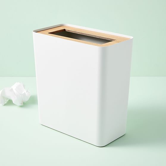Modern White Steel & Wood Slim Rectangular Wastebasket, 2.5 Gallons