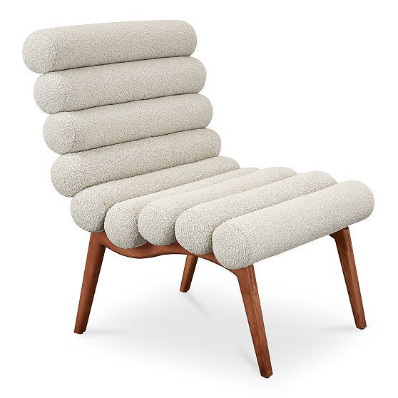 Off-White Boucle Lounge Chair with Solid Wood Legs