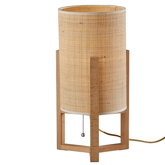 Quinn Natural Wood Table Lantern with Woven Raffia Shade