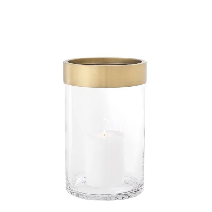 Vertex 12'' Modern Brass Rimmed Glass Hurricane Candle Holder