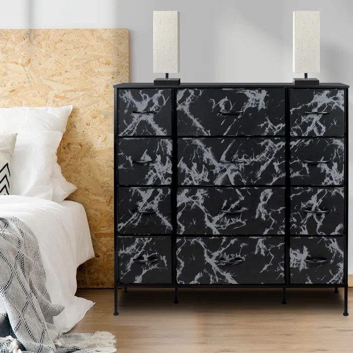 Sleek Black Marble 12-Drawer Vertical Nursery Dresser with Soft Close