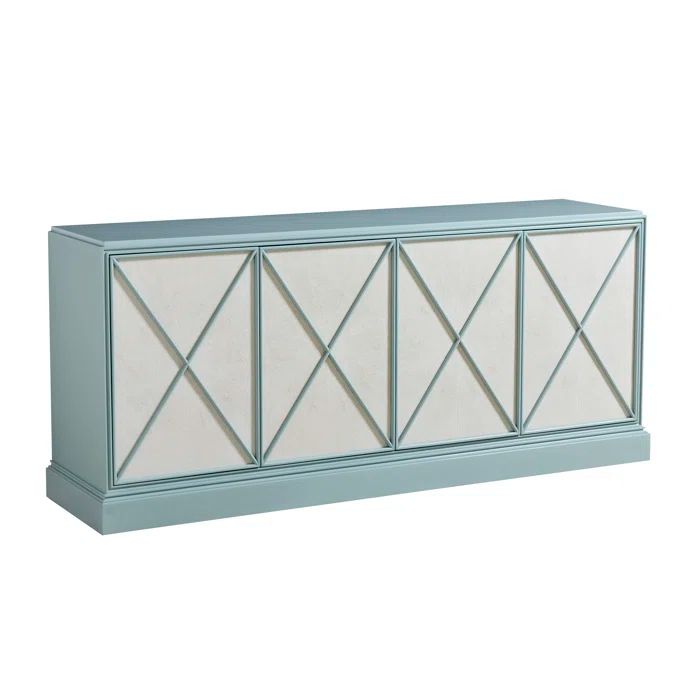 Pale Blue Transitional Media Console with Faux Shagreen Fronts