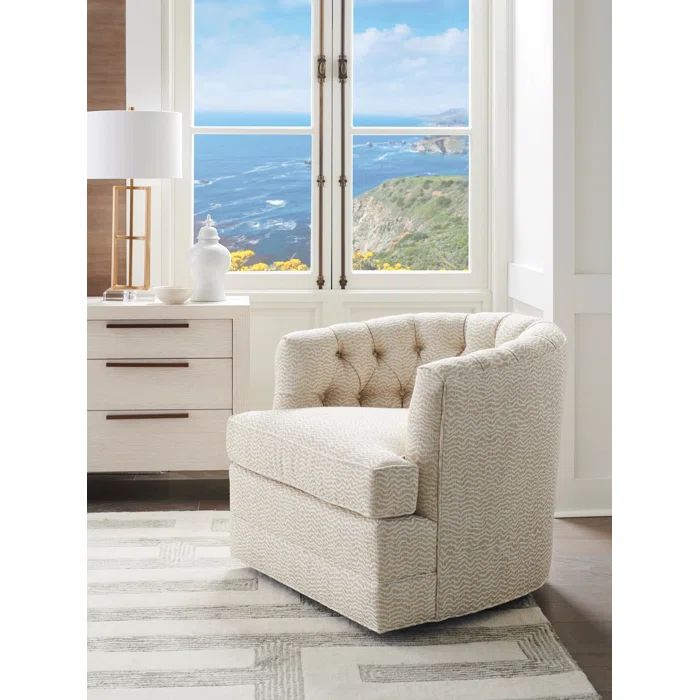 Cream Swivel Barrel Chair with Elegant Wood Accents