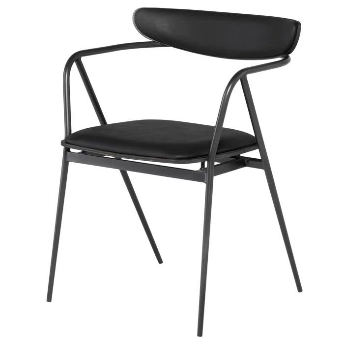 Raven Black Leather and Wood Metal Slat Armchair 21.5"
