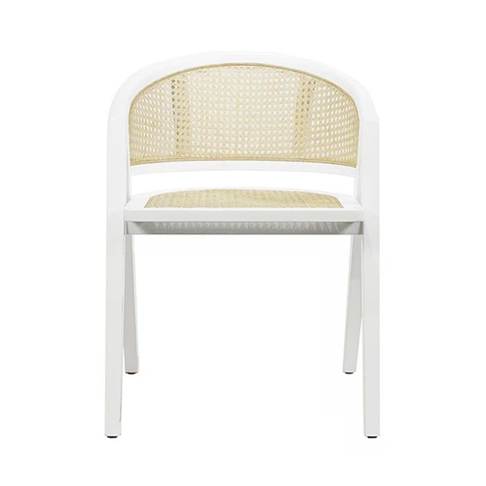 Contemporary Matte White Lacquer Wood & Cane Armchair