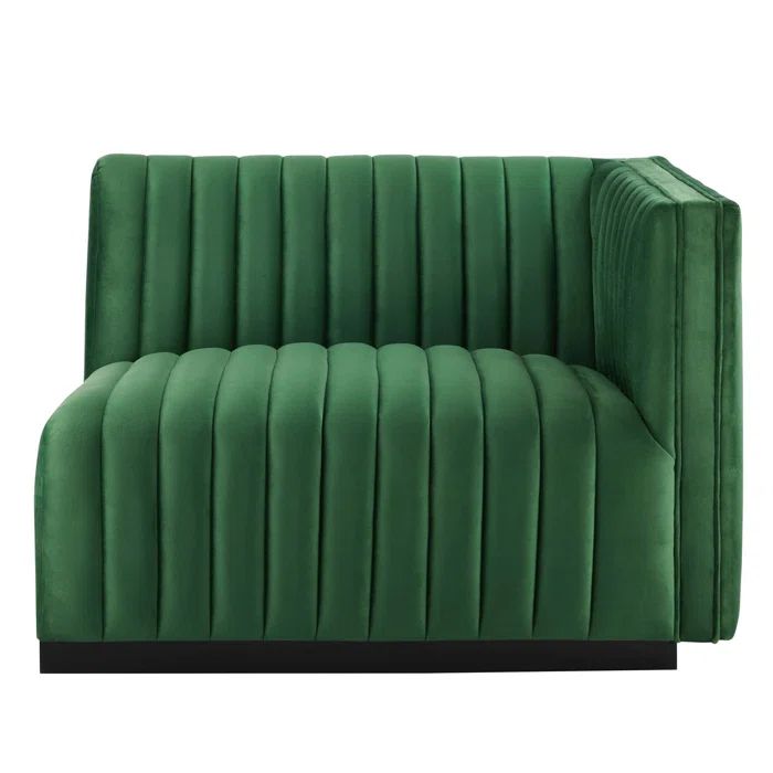 Emerald Velvet Luxe Channel-Tufted Right-Arm Chair with Matte Black Base