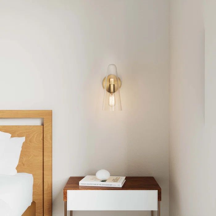 Sleek Satin Brass Beacon Wall Sconce with Clear Glass Shade
