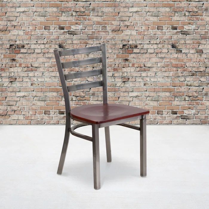 Hercules Series Silver Ladder Back Metal Chair with Brown Wood Seat