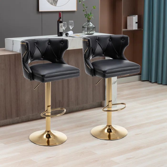 Black Faux Leather Adjustable Swivel Bar Stools with Gold Base, Set of 2