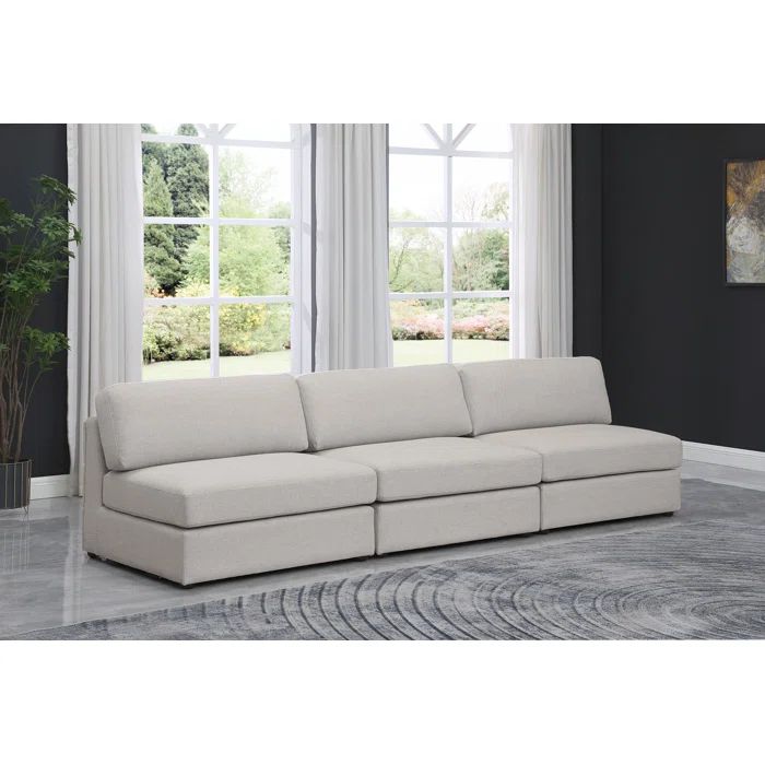 Beige Linen-Textured Polyester Modular Armless Sofa with Black Wood Legs