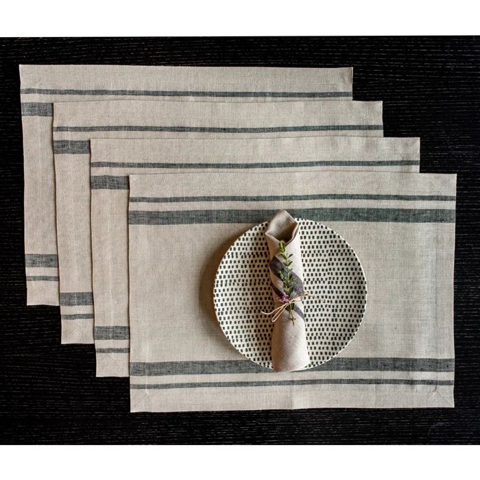Black and Natural French Stripe Linen Placemats Set of 4