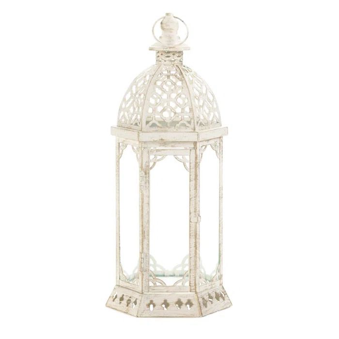 Distressed White Iron and Glass Hanging Lantern