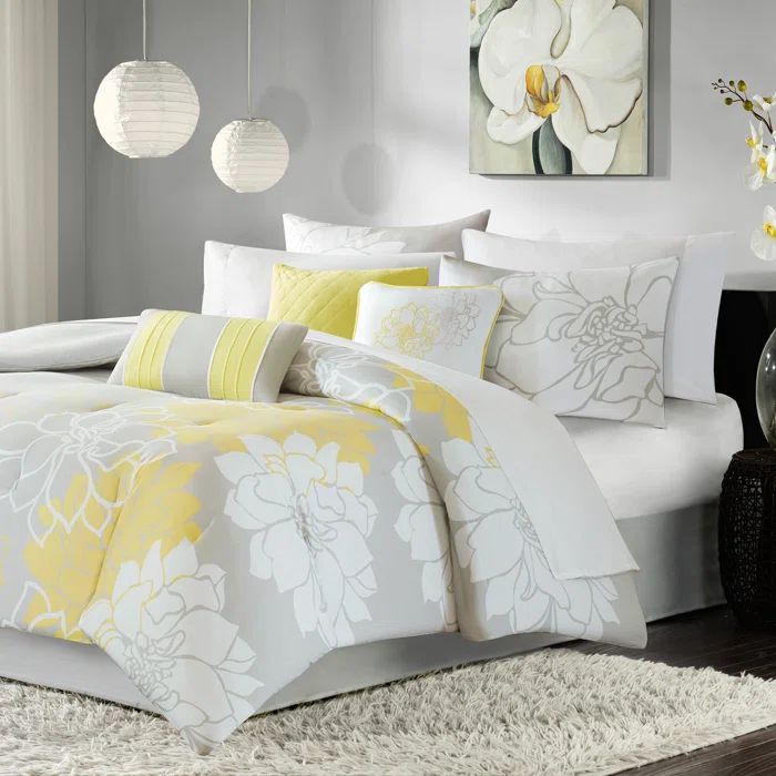 King Gray and Yellow Floral Cotton Comforter Set