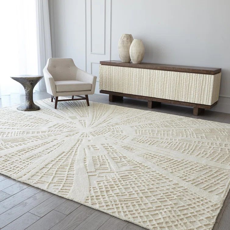 Abstract Vortex Hand-Tufted Wool Rug in Ivory and Grey, 8' x 10'