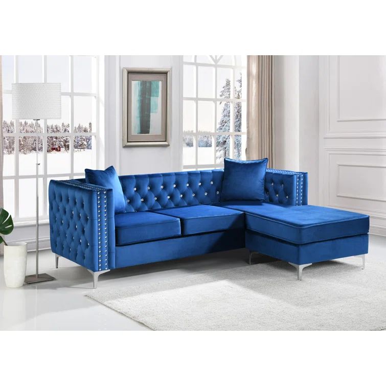 Elegant Blue Velvet Tufted Tuxedo Sofa with Nailhead Accents