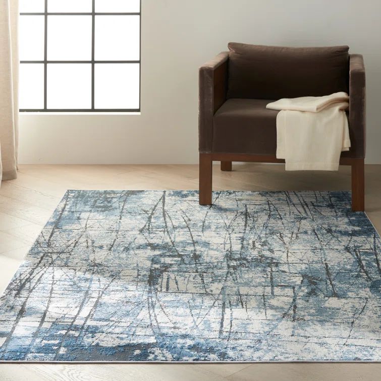 Rectangular Grey and Blue Abstract Viscose Area Rug