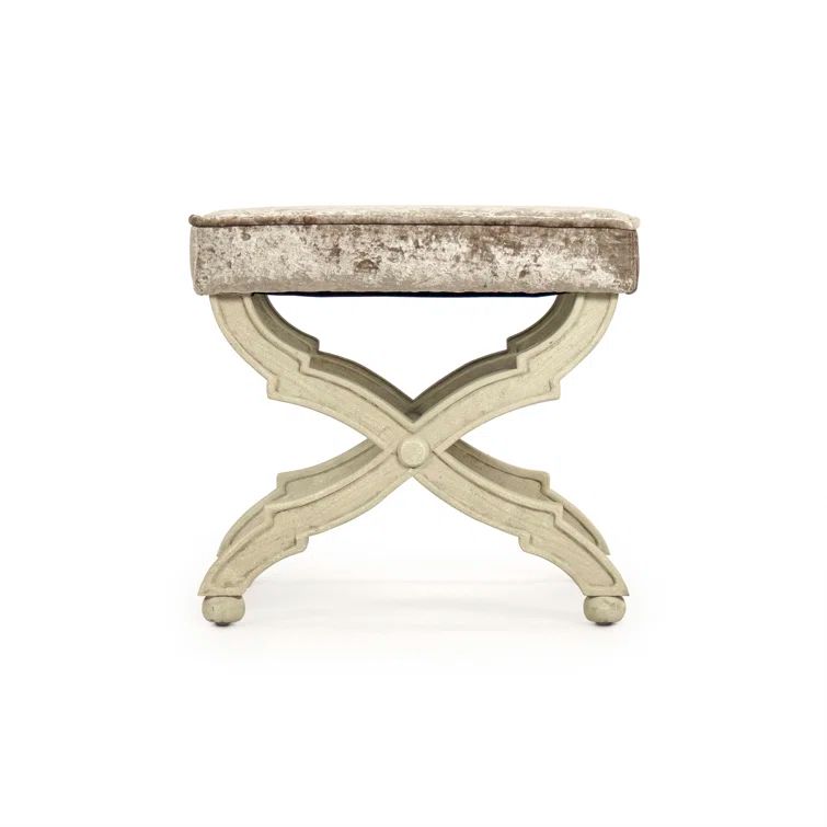 Crushed Champagne Velvet Accent Stool with Distressed Ivory Legs