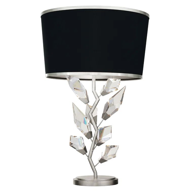 Silver Leaf Table Lamp with Black Shade and Crystal Accents