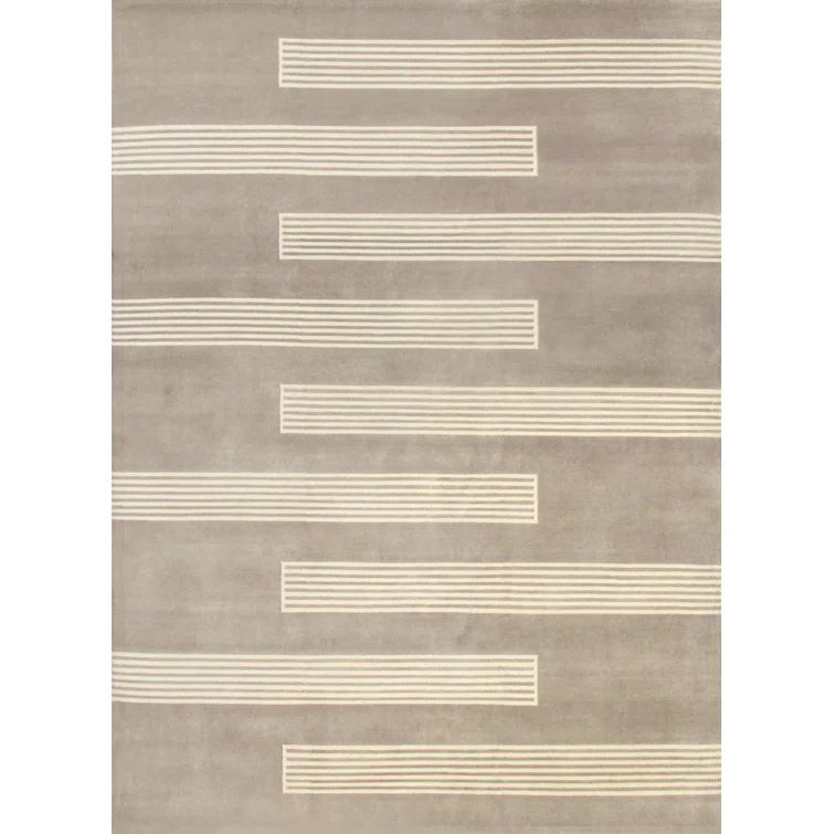 Taupe Hand-Knotted Wool Geometric Stripe Area Rug